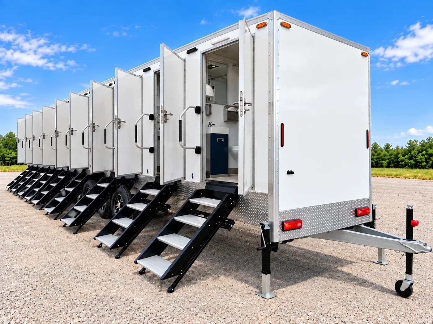 Long shower and restroom combination trailer with its stall doors open above individual entry steps